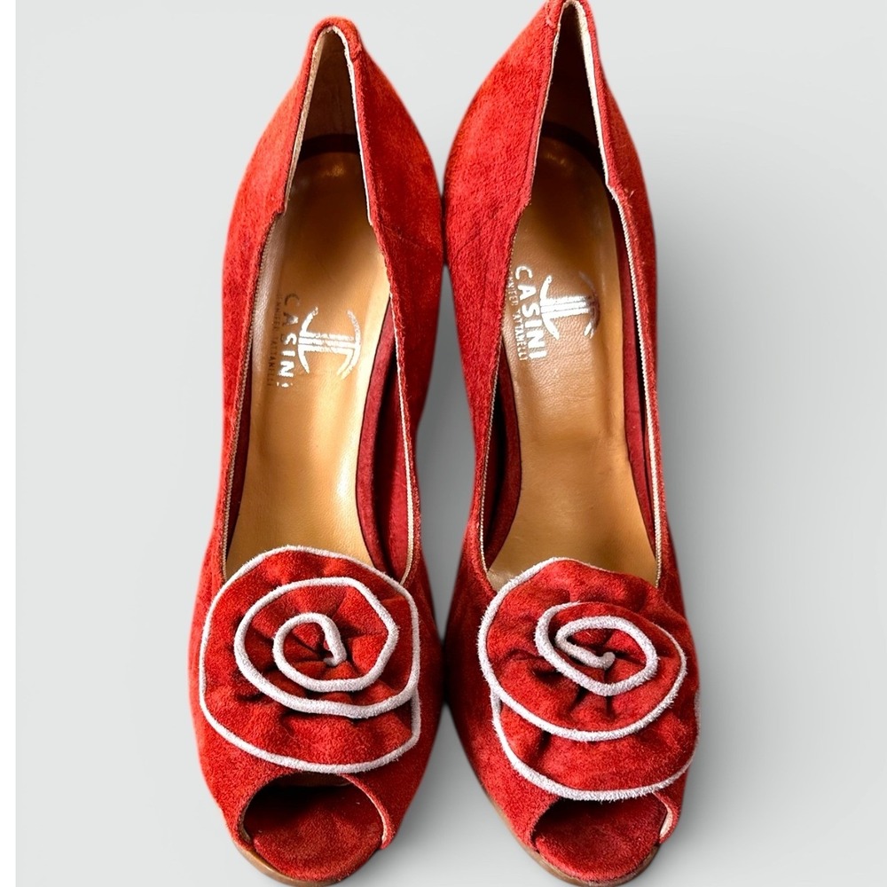 Casini Jennifer Taffoni Burnt Red Suede Peep Toe Wedge Heels made Italy SZ37.5EU